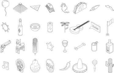 Mexico icons set. Isometric set of Mexico vector icons outline thin lne isolated on white