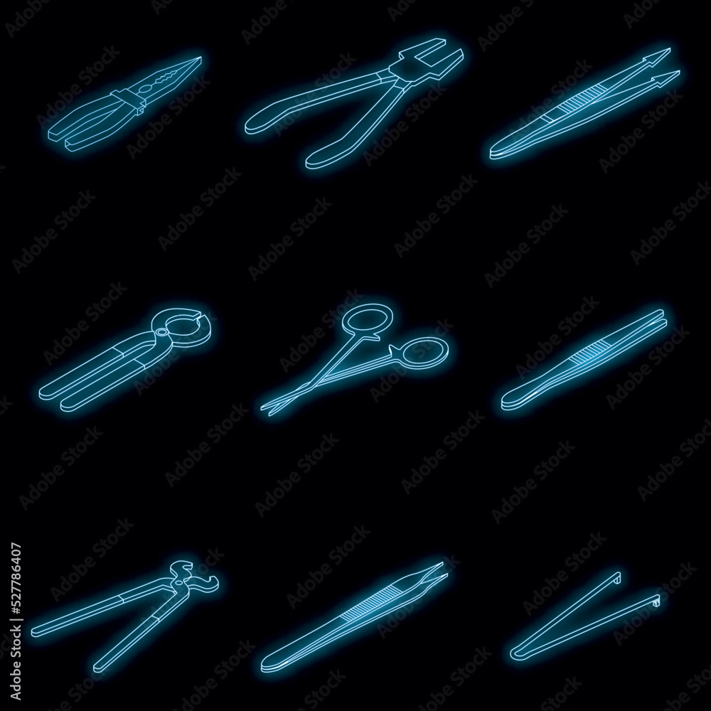 Poster forceps icons set. isometric set of forceps vector icons neon color on black