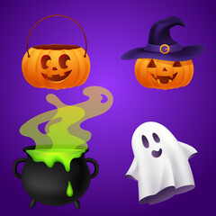 Halloween set of orange pumpkin jack o lantern with carved smiling face in purple witch hat, candy bag, black cauldron with green sticky potion, white ghost spirit or poltergeist. Stickers collection