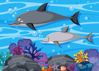 Obraz na płótnie Canvas Undersea background with dolphin in cartoon style