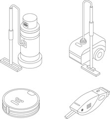 Vacuum cleaner icons set. Isometric set of vacuum cleaner vector icons outline thin lne isolated on white