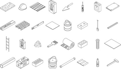 Construction materials icons set. Isometric set of construction materials vector icons outline thin lne isolated on white