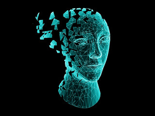 Three-dimensional human head isolated on black background. 3D illustration.