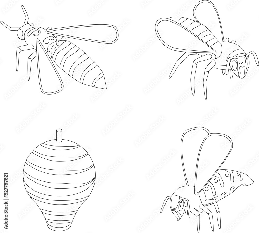 Poster wasp icons set. isometric set of wasp vector icons outline thin lne isolated on white