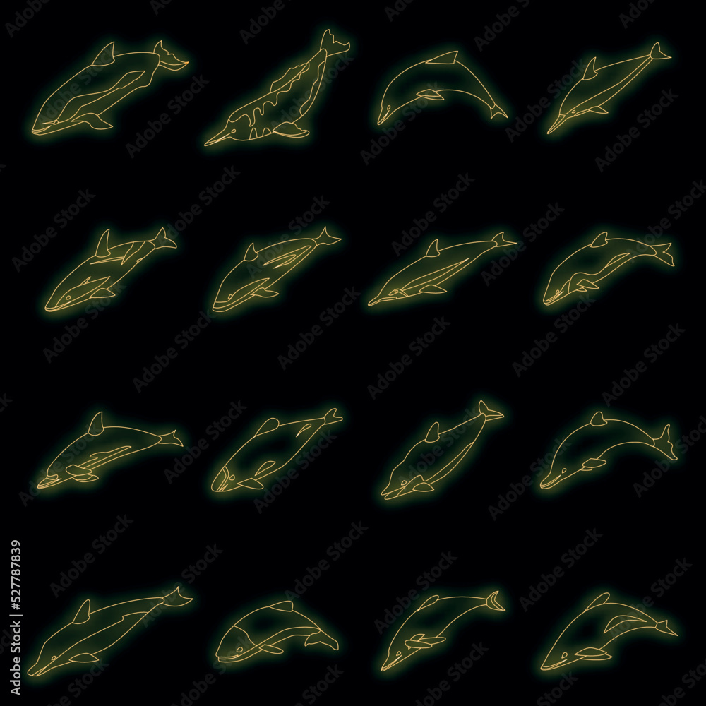 Wall mural dolphin icons set. isometric set of dolphin vector icons neon color on black