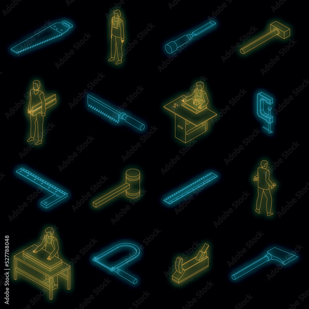 Poster carpenter icons set. isometric set of carpenter vector icons neon color on black
