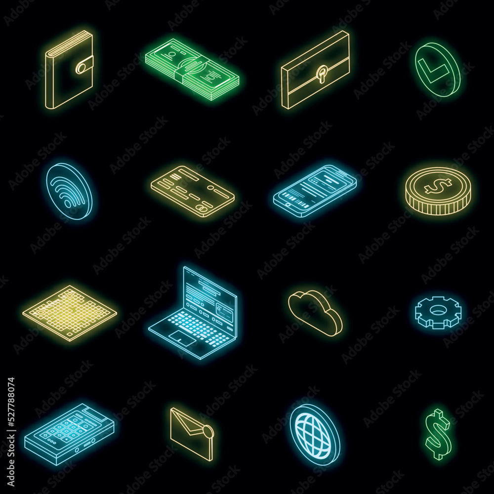 Poster digital wallet icons set. isometric set of digital wallet vector icons neon color on black