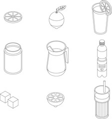 Lemonade icons set. Isometric set of lemonade vector icons outline thin lne isolated on white
