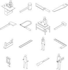 Carpenter icons set. Isometric set of carpenter vector icons outline thin lne isolated on white