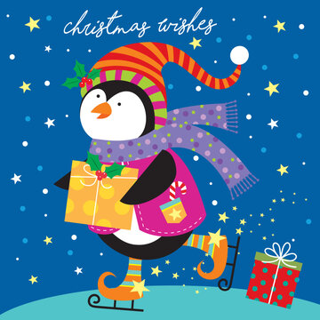 christmas card with cute penguin and gifts