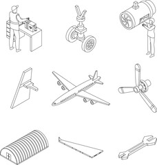Aircraft repair icons set. Isometric set of aircraft repair vector icons outline thin lne isolated on white
