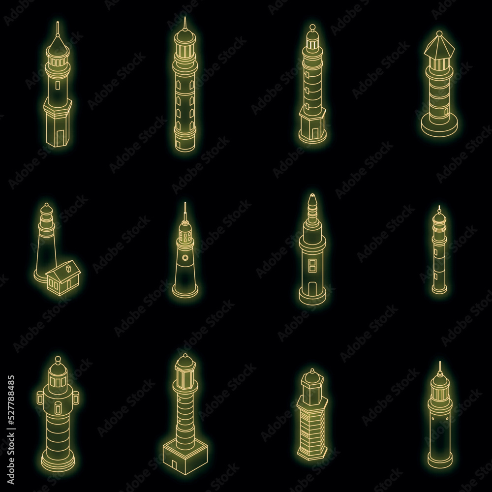 Poster lighthouse icons set. isometric set of lighthouse vector icons neon color on black