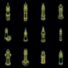 Lighthouse icons set. Isometric set of lighthouse vector icons neon color on black