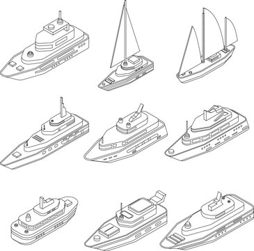 Yacht icons set. Isometric set of yacht vector icons outline thin lne isolated on white