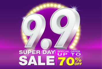 9.9 Super day sale poster or banner template design. Big sale event on the stage of the spotlight LED and neon lightning. Ads for web, social media, shopping online.