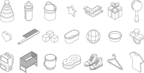 Baby items icons set. Isometric set of baby items vector icons outline thin lne isolated on white
