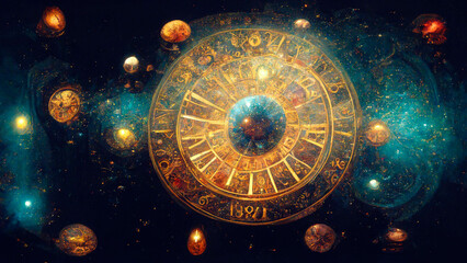 The zodiac explaining that astrology is to read the position of the planets in the universe, the solar system and the constellations of stars - obrazy, fototapety, plakaty