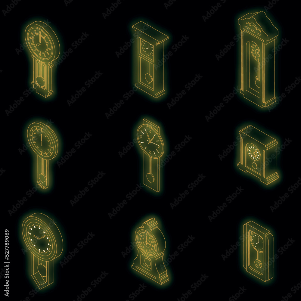 Aufkleber pendulum clock icons set. isometric set of pendulum clock vector icons neon color on black