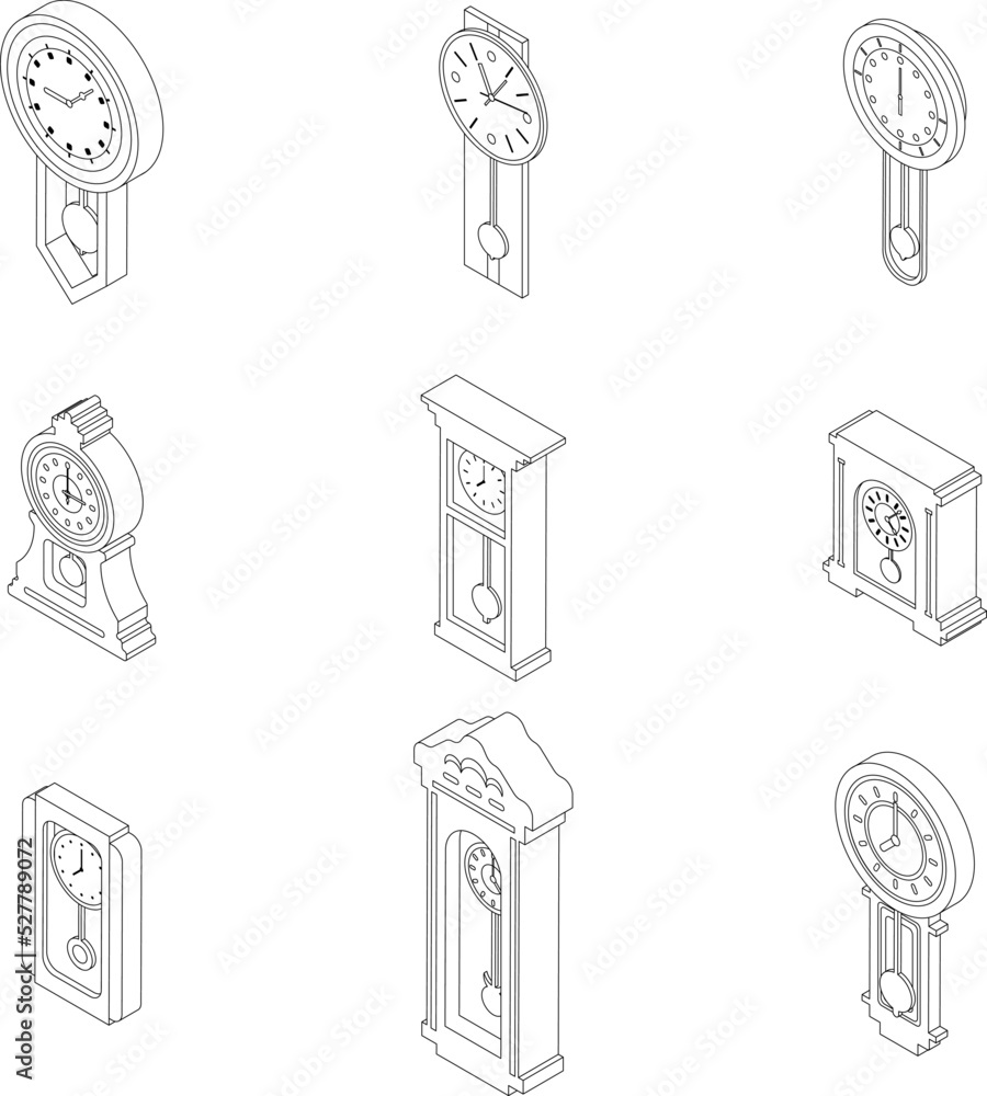 Poster pendulum clock icons set. isometric set of pendulum clock vector icons outline thin lne isolated on 