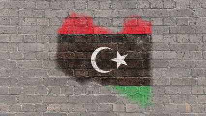 Libyan map and flag painted on the old brick wall