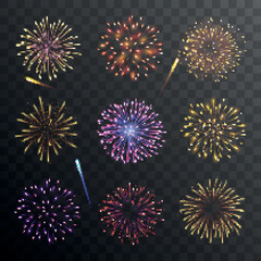 Vector set of colorful fireworks on dark background