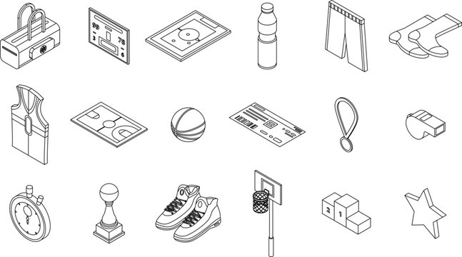 Basketball equipment icons set. Isometric set of basketball equipment vector icons outline thin lne isolated on white