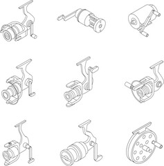 Fishing reel icons set. Isometric set of fishing reel vector icons outline thin lne isolated on white