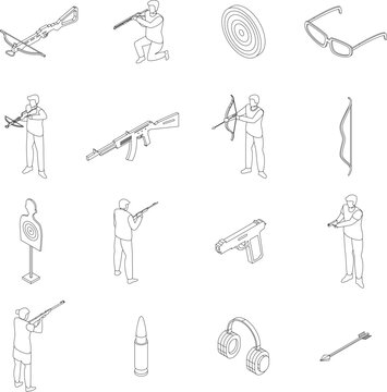 Shooting sport icons set. Isometric set of shooting sport vector icons outline thin lne isolated on white