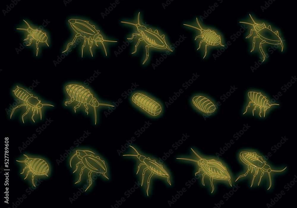 Poster cockroach icons set. isometric set of cockroach vector icons neon color on black