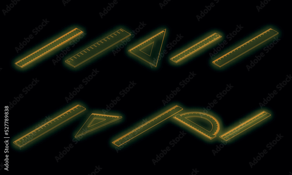 Poster ruler icons set. isometric set of ruler vector icons neon color on black