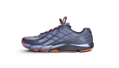 A side view of grey and orange trainers, sneakers Isolated on a flat background.