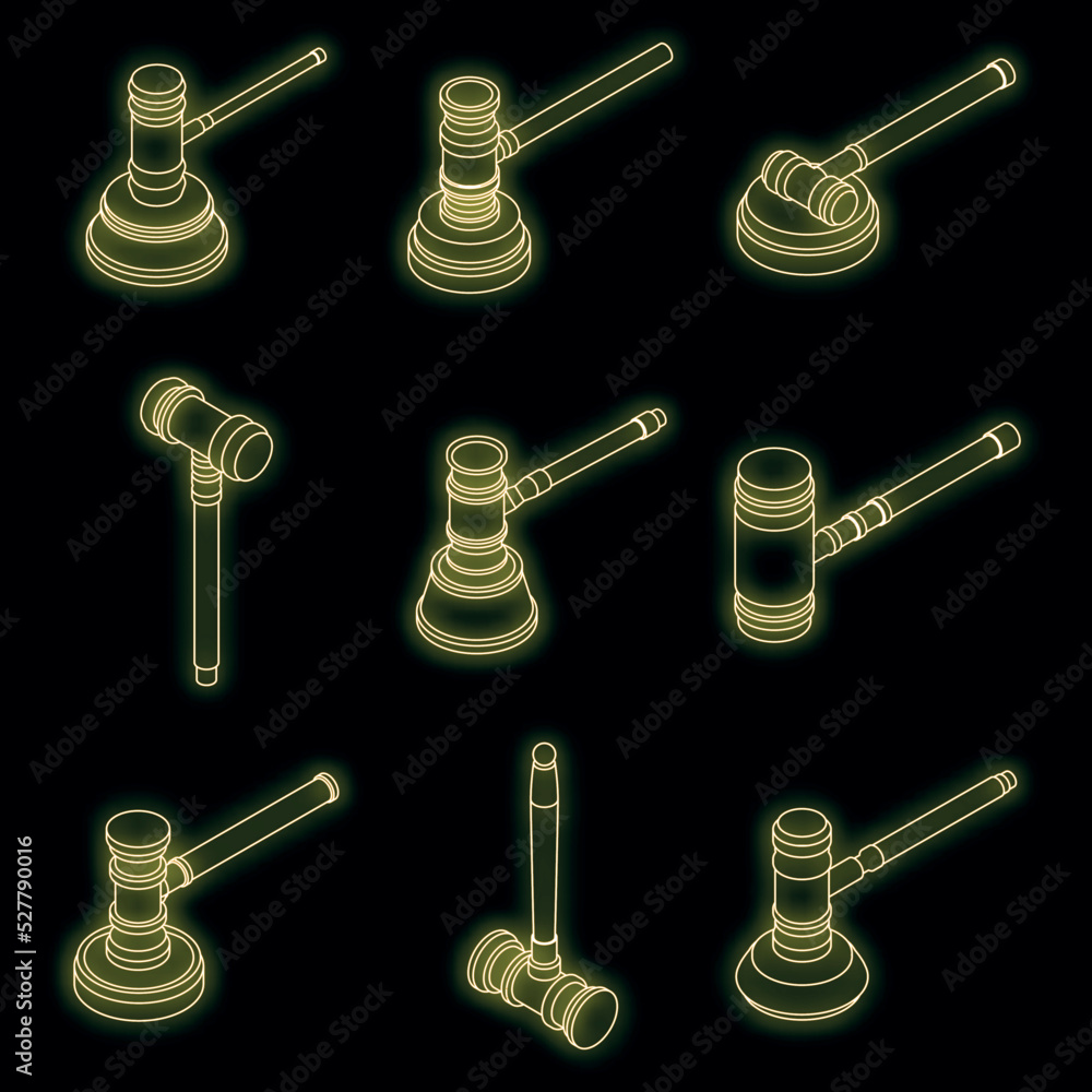 Poster judge hammer icons set. isometric set of judge hammer vector icons neon color on black
