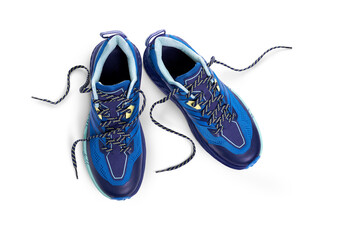 A top view of blue trainers, sneakers Isolated on a flat background.