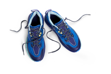 A top view of blue trainers, sneakers Isolated on a flat background.
