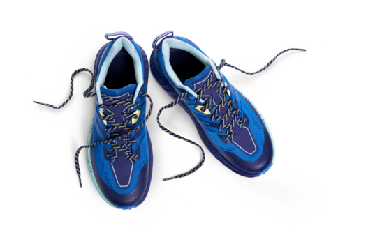 A top view of blue trainers, sneakers Isolated on a flat background.