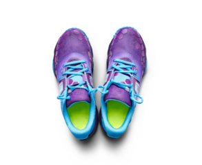 A top view of blue and purple trainers, sneakers Isolated on a flat background.