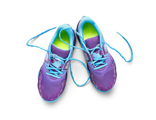 A top view of blue and purple trainers, sneakers Isolated on a flat background. - obrazy, fototapety, plakaty
