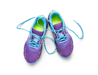 A top view of blue and purple trainers, sneakers Isolated on a flat background.