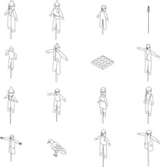 Scarecrow icons set. Isometric set of scarecrow vector icons outline thin lne isolated on white