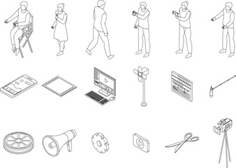 Clip maker icons set. Isometric set of clip maker vector icons outline thin lne isolated on white