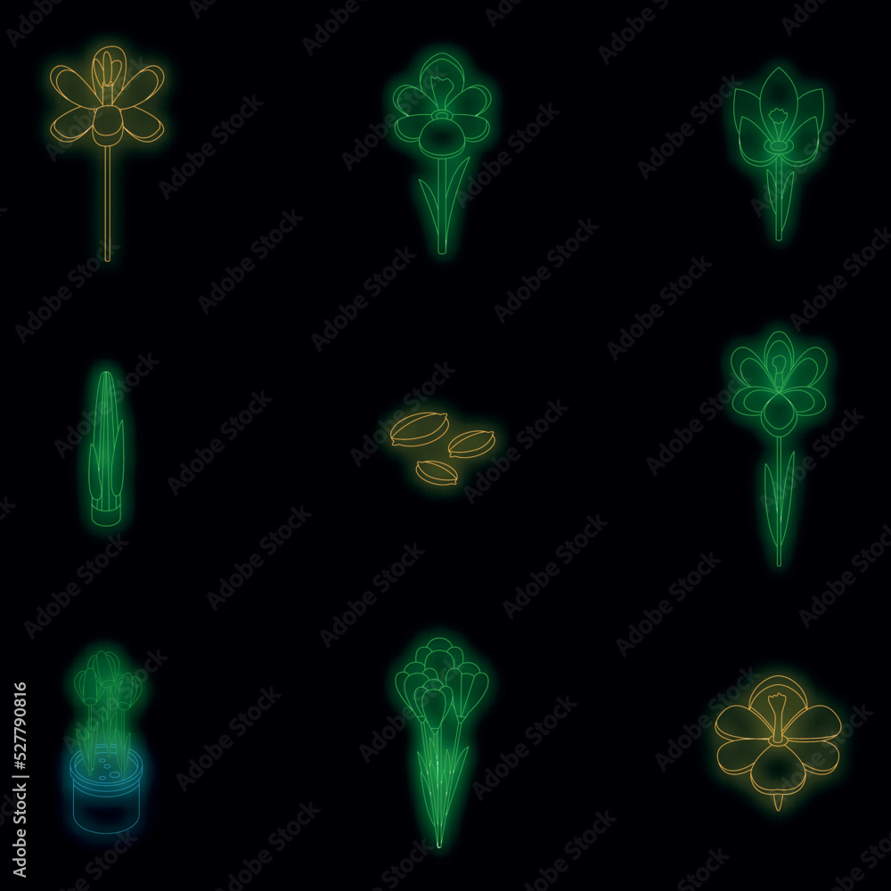 Aufkleber crocus icons set. isometric set of crocus vector icons neon color on black