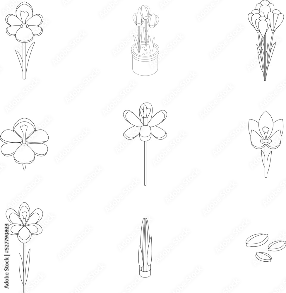 Aufkleber crocus icons set. isometric set of crocus vector icons outline thin lne isolated on white