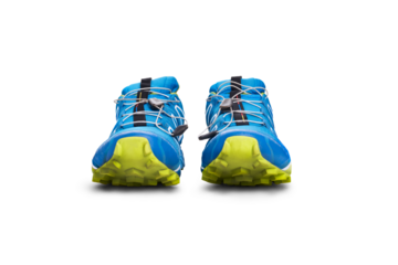 A front view of blue and yellow trainers, sneakers Isolated on a flat background.