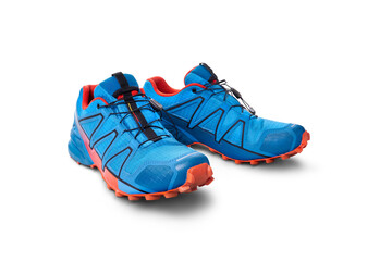 A front view of blue and orange trainers, sneakers Isolated on a flat background.