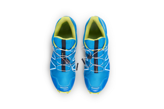 A top view of blue and yellow trainers, sneakers Isolated on a flat background.