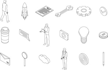 Product manager icons set. Isometric set of product manager vector icons outline thin lne isolated on white