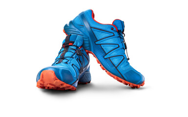 A front view of blue and orange trainers, sneakers Isolated on a flat background.
