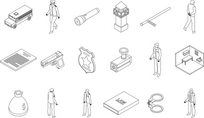Prison icons set. Isometric set of prison vector icons outline thin lne isolated on white