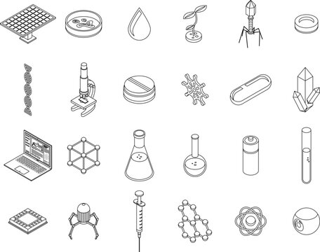 Nanotechnology icons set. Isometric set of nanotechnology vector icons outline thin lne isolated on white
