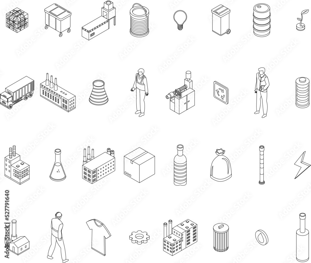 Poster recycle factory icons set. isometric set of recycle factory vector icons outline thin lne isolated o